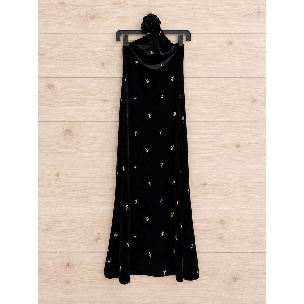 WeWoreWhat High Neck Flower Dress Black Embroidered Velvet Maxi Small